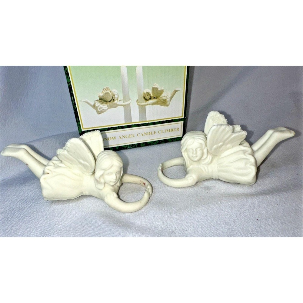 Pair Of Vintage Christmas Angel Candle Climber Huggers Porcelain Set of 2 White